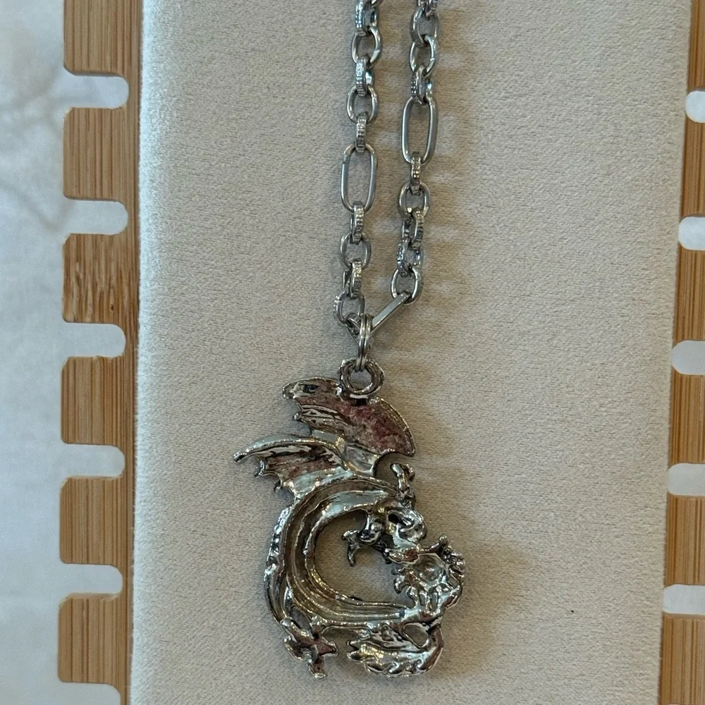 Silver Stainless Steel Dragon Pendant Necklace Gothic Style Unisex - Brand New